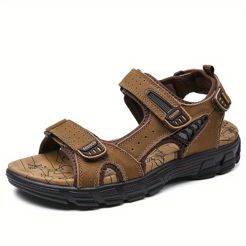 Men's Sandals for Men - Genuine Leather Summer Sandals with Closure, Thick Sole, Open Toe, High Quality, Lightweight & Breathable for Beach, Hiking, and Casual Wear - Casual Outdoor Shoes with Rubber Sole and Cow Leather Uppe